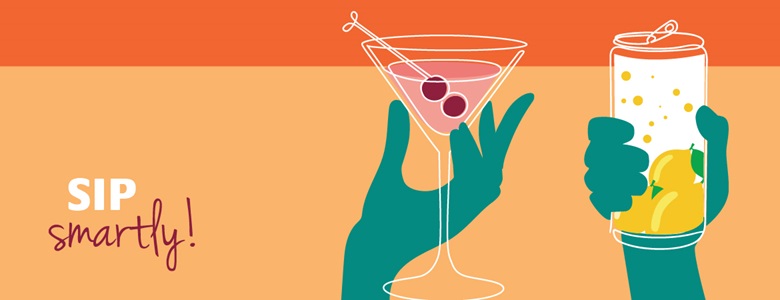 Graphic illustration with "Sip Smartly" written and two hands holding cocktails and canned cocktail