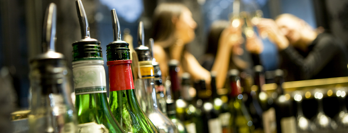 Bottles of distilled spirits in a restaurant