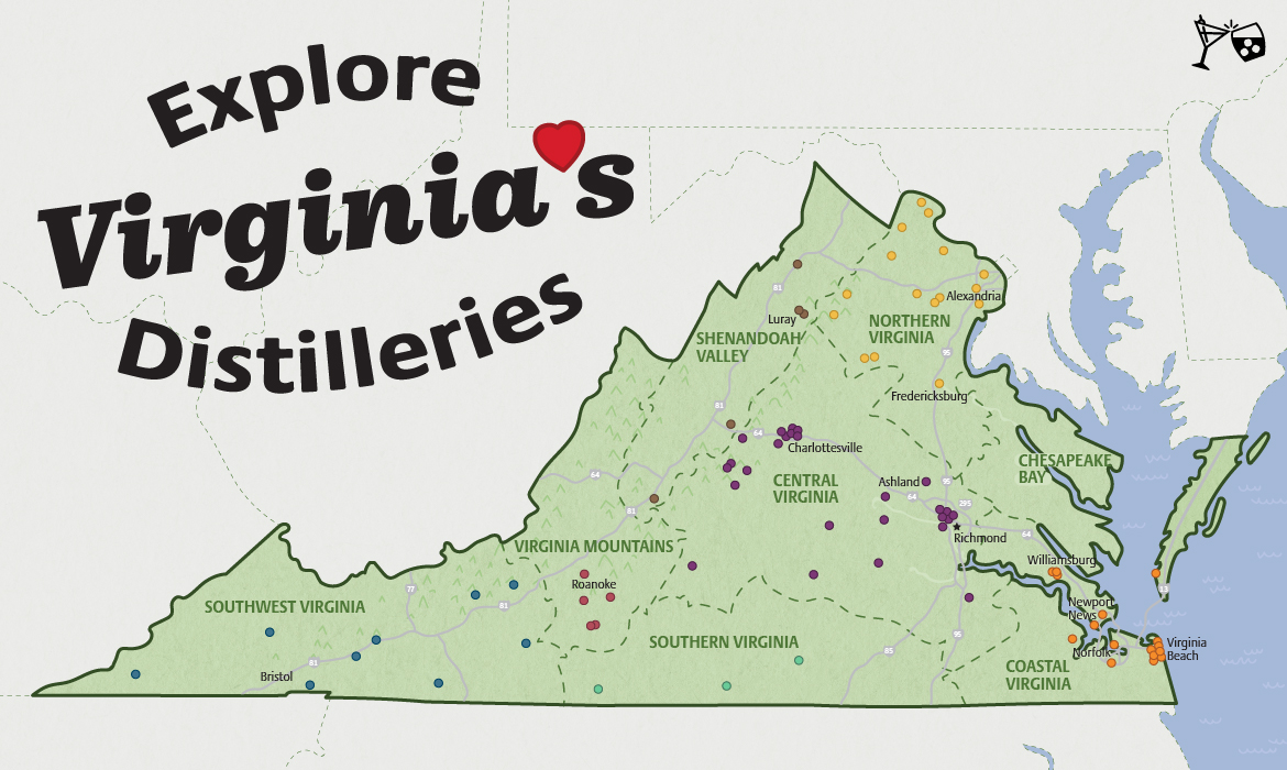 Graphic if Virginia map with indicators of Virginia distilleries 